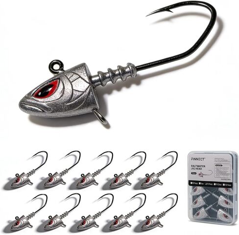 Saltwater Jig Heads 10 Pack, 3D Red Eyes with Bait Keeper & Belly Trailer Hole, 3/4oz to 1-3/4oz, 6/0 & 8/0 Hooks for Inshore Offshore Saltwater Fishing in Kuwait