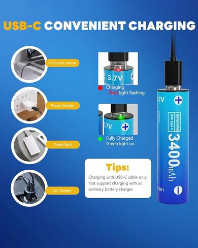 قطعتان من بطارية قابلة لإعادة الشحن USB C 3.7 فولت، زر علوي بقدرة 3400 مللي أمبير في الساعة لأجراس الأبواب والمصابيح الكاشفة والمصابيح الأمامية والكاميرات والألعاب والهاتف الخلوي، وحقيبة تخزين البطارية لبطارية 18650 أو CR123A in Kuwait