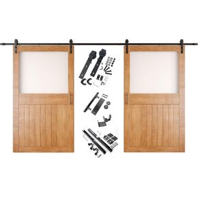 Early American 48 x 84 in. Sliding Barn Door, Set of 2 Doors, Half Lite Frosted Glass, Assembly Required, with 18 ft Double Door Hardware Kit, Non-Bypass, Interior Use in Saudi Arabia