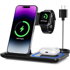 قاعدة شحن لاسلكية 3 في 1، حامل شاحن لاسلكي لهاتف iPhone17 16e 16 15 14 Pro Max 13 12 11، قاعدة شحن لأجهزة AirPods 4 3 2 Pro، وساعة Apple 11/10/9/Ultra/8/SE/7/6/5/4/3 in Kuwait