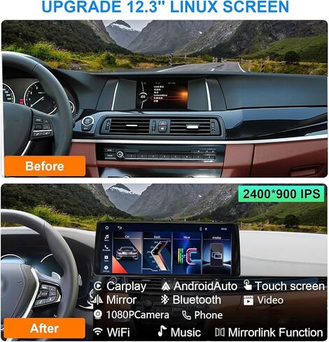 12.3" Ultra-Narrow Touchscreen for BMW 5 Series F10/F11 2013-2017 NBT System, 2400*900 Wireless CarPlay/Android Auto Car Stereo Multimedia Radio Receiver Support Bluetooth GPS Naviagation, Plug&Play in Kuwait