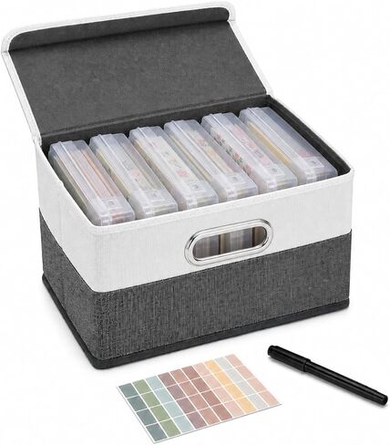 Greeting Card Organizer Box with 6 Dividers, 9.8"x7.9"x6.7" Greeting Card Storage Box for Holiday Birthday Cards, Photos, Crafts - Includes Stickers & Pen (Gray/White) in Kuwait