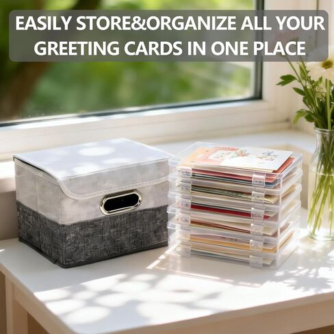 Greeting Card Organizer Box with 6 Dividers, 9.8"x7.9"x6.7" Greeting Card Storage Box for Holiday Birthday Cards, Photos, Crafts - Includes Stickers & Pen (Gray/White) in Kuwait