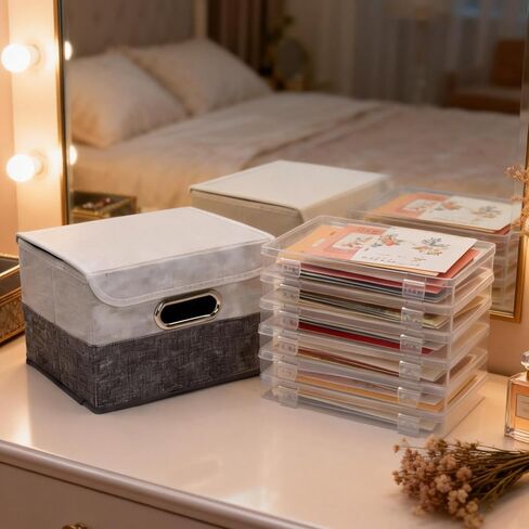 Greeting Card Organizer Box with 6 Dividers, 9.8"x7.9"x6.7" Greeting Card Storage Box for Holiday Birthday Cards, Photos, Crafts - Includes Stickers & Pen (Gray/White) in Kuwait