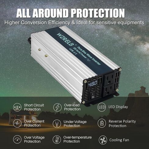 WZRELB 500W Pure Sine Wave Inverter 48V DC to 110V 120V AC Power Converter with LED Display, Remote Controller, Off-Grid Power Inverter 1000W Surge for Home, RV, Truck, Camping in Kuwait