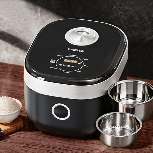 Rice Cooker Small Low Carb, YOKEKON 3-cup (uncooked) Rice Cooker with Stainless Steel Steamer, 8-in-1 Rice Maker, Delay Timer and Auto Keep Warm Feature, Sushi, Risitto, Steamer, Cake, Black in Saudi Arabia