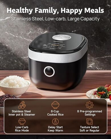 Rice Cooker Small Low Carb, YOKEKON 3-cup (uncooked) Rice Cooker with Stainless Steel Steamer, 8-in-1 Rice Maker, Delay Timer and Auto Keep Warm Feature, Sushi, Risitto, Steamer, Cake, Black in Saudi Arabia