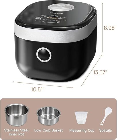 Rice Cooker Small Low Carb, YOKEKON 3-cup (uncooked) Rice Cooker with Stainless Steel Steamer, 8-in-1 Rice Maker, Delay Timer and Auto Keep Warm Feature, Sushi, Risitto, Steamer, Cake, Black in Saudi Arabia