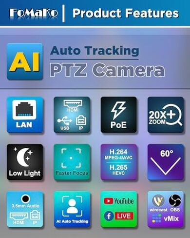 كاميرا FoMaKo HDMI PTZ، الجيل الثالث من التتبع التلقائي بالذكاء الاصطناعي، تكبير بصري 20x، لمسابقات الرقص أو العروض الموسيقية، البث المباشر، حزمة الإعداد الكاملة (FMK12UH Pro-BX3+KC608 Pro+P1000+FMKH107) in Kuwait