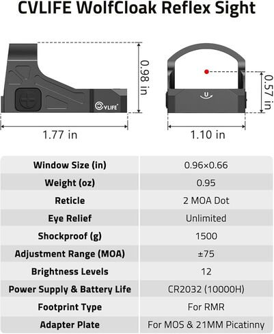 CVLIFE WolfCloak Motion Awake Red Dot Sight لبصمة RMR، 2 MOA Reflex Sight مع 0.33 بوصة ملف تعريف منخفض للغاية للمسدسات كاملة الحجم، 1500G بصري مقاوم للصدمات، محول لـ Glock MOS و21 مم Picatinny in Kuwait