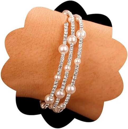 Xerling Boho Faux Pearl Bracelets for Women Adjustable Layered Bangle Bracelets for Girls Crystal Rhinestones Hand Jewelry for Bridal Wedding Elastic Stretch Hand Chains (Type A-Gold) in Saudi Arabia