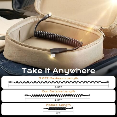 كابل ملفوف USB C إلى USB C زاوية يمنى 1 قدم 2 حزمة، كابل بيانات USBC 3.2 Gen 2 بسرعة 20 جيجابت في الثانية قصير، فيديو 4K وسلك شاحن من النوع C 100 واط لنظام Android Auto & CarPlay، لهاتف iPhone 17 16 وGalaxy S25 وiPad MacBook in Kuwait