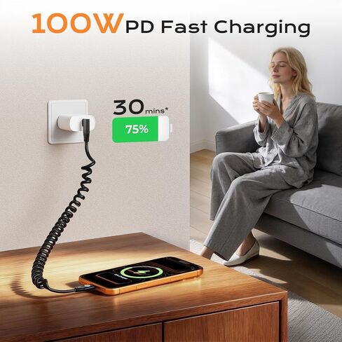 كابل ملفوف USB C إلى USB C زاوية يمنى 1 قدم 2 حزمة، كابل بيانات USBC 3.2 Gen 2 بسرعة 20 جيجابت في الثانية قصير، فيديو 4K وسلك شاحن من النوع C 100 واط لنظام Android Auto & CarPlay، لهاتف iPhone 17 16 وGalaxy S25 وiPad MacBook in Kuwait