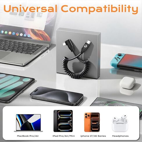 كابل ملفوف USB C إلى USB C زاوية يمنى 1 قدم 2 حزمة، كابل بيانات USBC 3.2 Gen 2 بسرعة 20 جيجابت في الثانية قصير، فيديو 4K وسلك شاحن من النوع C 100 واط لنظام Android Auto & CarPlay، لهاتف iPhone 17 16 وGalaxy S25 وiPad MacBook in Kuwait