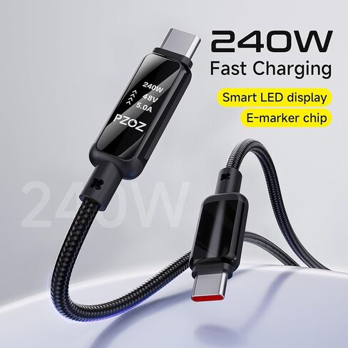 كابل pzoz USB C إلى USB C مع شاشة LED، كابل شحن سريع من النوع C 240 واط، كابل شريحة E-Marke لهاتف iPhone 17/Samsung Galaxy/Laptop/MacBook (4، قدم) in Kuwait