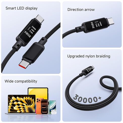 كابل pzoz USB C إلى USB C مع شاشة LED، كابل شحن سريع من النوع C 240 واط، كابل شريحة E-Marke لهاتف iPhone 17/Samsung Galaxy/Laptop/MacBook (4، قدم) in Kuwait