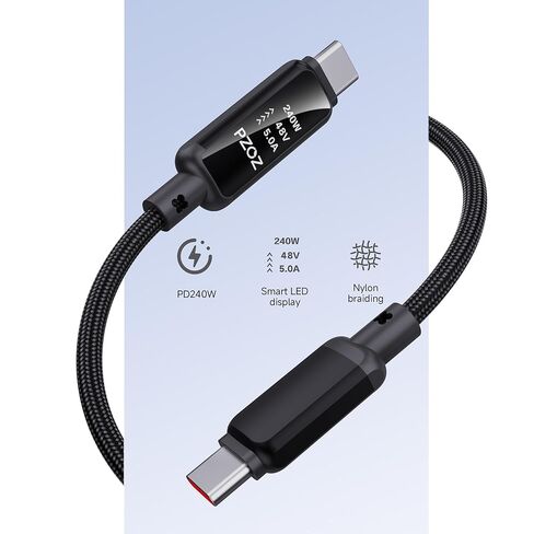 كابل pzoz USB C إلى USB C مع شاشة LED، كابل شحن سريع من النوع C 240 واط، كابل شريحة E-Marke لهاتف iPhone 17/Samsung Galaxy/Laptop/MacBook (4، قدم) in Kuwait