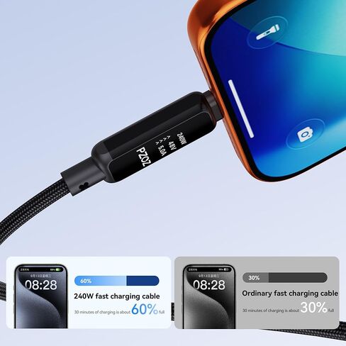 كابل pzoz USB C إلى USB C مع شاشة LED، كابل شحن سريع من النوع C 240 واط، كابل شريحة E-Marke لهاتف iPhone 17/Samsung Galaxy/Laptop/MacBook (4، قدم) in Kuwait