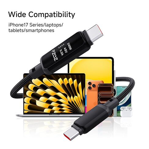 كابل pzoz USB C إلى USB C مع شاشة LED، كابل شحن سريع من النوع C 240 واط، كابل شريحة E-Marke لهاتف iPhone 17/Samsung Galaxy/Laptop/MacBook (4، قدم) in Kuwait