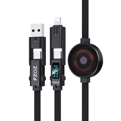 pzoz كابل واحد لكل شيء، كابل شحن متعدد 140 وات 6 في 1 مع شاحن ساعة Apple، USB C وUSB A إلى USB C/Lightning/Micro USB كابل شاحن سريع مع شاشة LED لأجهزة iPhone وMacBook وiPad in Kuwait