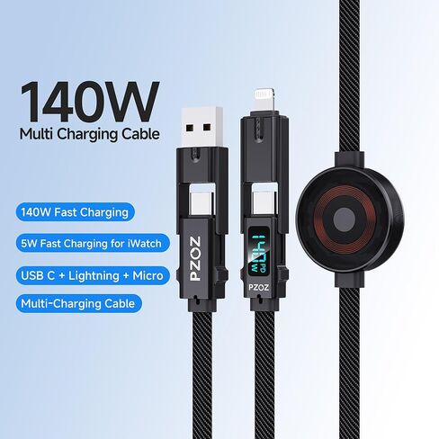 pzoz كابل واحد لكل شيء، كابل شحن متعدد 140 وات 6 في 1 مع شاحن ساعة Apple، USB C وUSB A إلى USB C/Lightning/Micro USB كابل شاحن سريع مع شاشة LED لأجهزة iPhone وMacBook وiPad in Kuwait