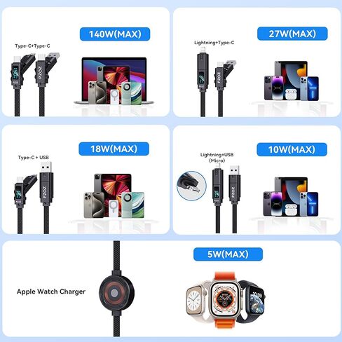pzoz كابل واحد لكل شيء، كابل شحن متعدد 140 وات 6 في 1 مع شاحن ساعة Apple، USB C وUSB A إلى USB C/Lightning/Micro USB كابل شاحن سريع مع شاشة LED لأجهزة iPhone وMacBook وiPad in Kuwait