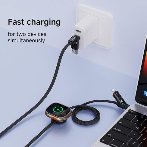 pzoz كابل واحد لكل شيء، كابل شحن متعدد 140 وات 6 في 1 مع شاحن ساعة Apple، USB C وUSB A إلى USB C/Lightning/Micro USB كابل شاحن سريع مع شاشة LED لأجهزة iPhone وMacBook وiPad in Kuwait