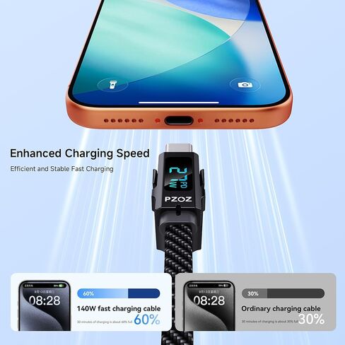 pzoz كابل واحد لكل شيء، كابل شحن متعدد 140 وات 6 في 1 مع شاحن ساعة Apple، USB C وUSB A إلى USB C/Lightning/Micro USB كابل شاحن سريع مع شاشة LED لأجهزة iPhone وMacBook وiPad in Kuwait