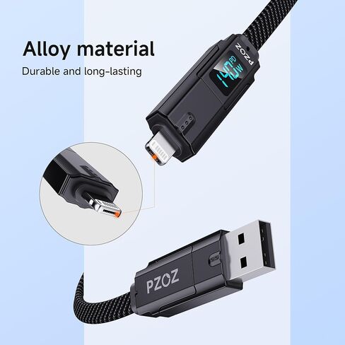 pzoz كابل واحد لكل شيء، كابل شحن متعدد 140 وات 6 في 1 مع شاحن ساعة Apple، USB C وUSB A إلى USB C/Lightning/Micro USB كابل شاحن سريع مع شاشة LED لأجهزة iPhone وMacBook وiPad in Kuwait