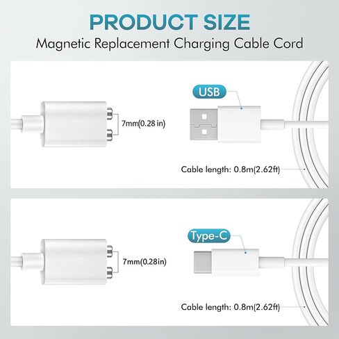 استبدال شاحن روز، شاحن USB مغناطيسي USB-A وUSB-C شاحن روز 2.7FT DC كابل شحن سلك 2 قطعة (7 مم/0.27 بوصة) in Kuwait