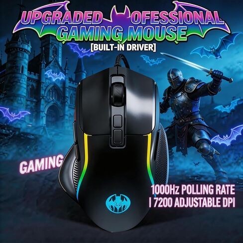 【 Plug and Play - Smooth Foot Mat 】 2026 Upgraded High-Performance Wired Gaming Mouse, 7200 DPI, RGB, 7 Programmable Buttons, Sweat and Fingerprint Resistant, 59 Inch Cable, Suitable for PC/Mac in Kuwait
