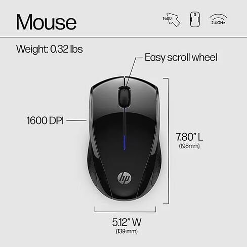 ماوس HP لاسلكي للكمبيوتر المحمول - ماوس ألعاب بصري مريح يمكن استخدامه بكلتا اليدين، مقابض جانبية للتحكم، إضاءة LED زرقاء، مستشعر بصري قوي 1600 نقطة في البوصة، أسود in Kuwait