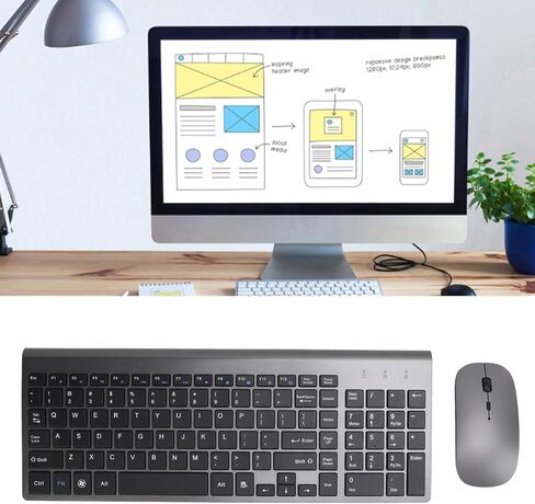 2.4G Wireless Keyboard and Mouse Combo, Coated Keycaps Silent 102 Keys Ergonomic Mouse with USB Adapter, for Desktop Computers Mobile Devices Tablets (Dark Gray) in Kuwait