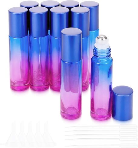 jiuwu 10pcs Roller Bottles 10ml Essential Oil Glass Blue Gradient Blue Screw Cap Bottle with Stainless Steel Roller Ball for Perfume Liquid Cosmetic Travel Vials 1 Opener + 5 Funnels + 5 Droppers in Saudi Arabia
