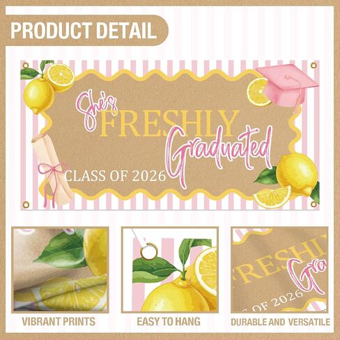 2026 Lemon Theme Graduation Sign, She's Freshly Graduated Banner Backdrop, Pink Bow Garland for Class of 2026 Farewell and Going Away Party Decorations, Graduation Wall Hanging Party Supplies in Kuwait