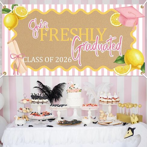2026 Lemon Theme Graduation Sign, She's Freshly Graduated Banner Backdrop, Pink Bow Garland for Class of 2026 Farewell and Going Away Party Decorations, Graduation Wall Hanging Party Supplies in Kuwait
