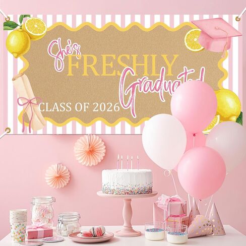 2026 Lemon Theme Graduation Sign, She's Freshly Graduated Banner Backdrop, Pink Bow Garland for Class of 2026 Farewell and Going Away Party Decorations, Graduation Wall Hanging Party Supplies in Kuwait