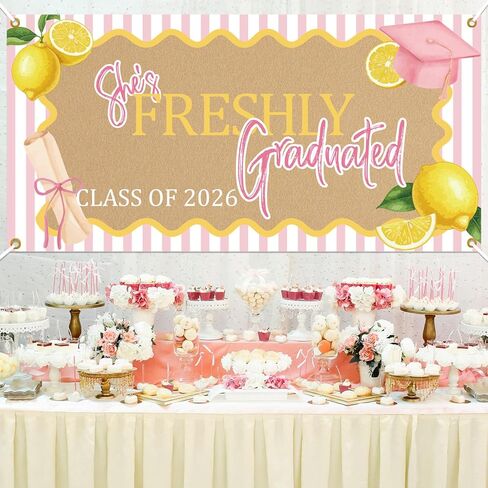 2026 Lemon Theme Graduation Sign, She's Freshly Graduated Banner Backdrop, Pink Bow Garland for Class of 2026 Farewell and Going Away Party Decorations, Graduation Wall Hanging Party Supplies in Kuwait