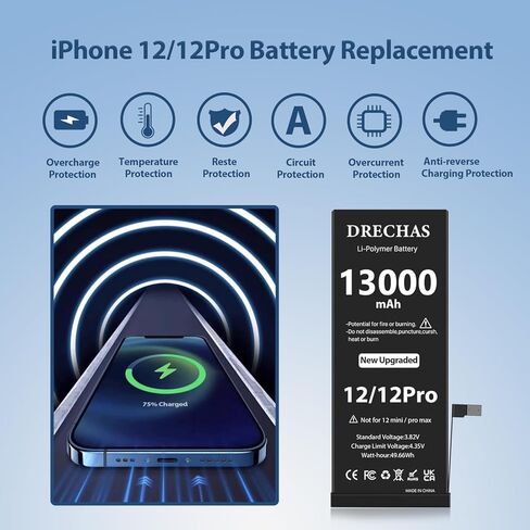 [13000mAh] Battery for iPhone 12, Upgraded Capacity 0 Cycle Li-Polymer Replacement Battery for iPhone 12/12 Pro Models A2172, A2402, A2403, A2404 with Complete Professional Repair Tool Kit in Kuwait