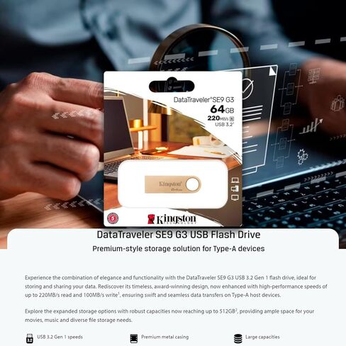 محرك أقراص فلاش Kingston DataTraveler SE9 G3 USB 3.2 Gen 1 مع سرعة قراءة 220 ميجابايت في الثانية (5 عبوات) مع مجموعة حلقات مفاتيح من الفولاذ المقاوم للصدأ (6 قطع) in Kuwait