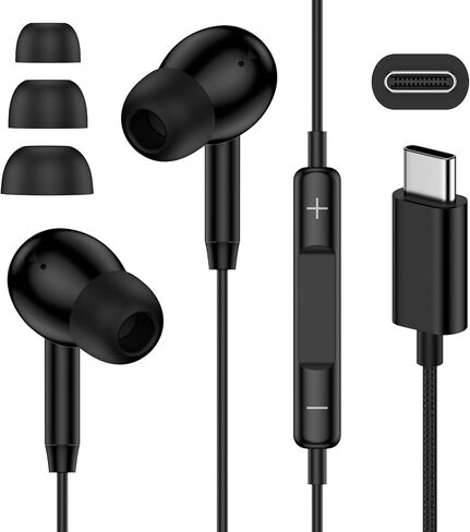 USB C Headphones for iPhone 17 Wired Ear Buds, iPhone 17 Wired Headphones usbc Wired Earbuds for Samsung Galaxy A16 A17 S25 with Microphone Noise Cancelling Braided Cord Wired Earphone, Black in Kuwait