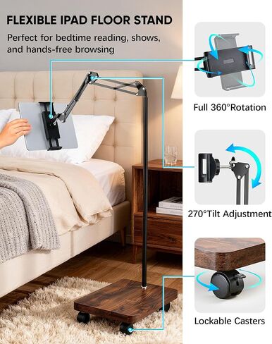 HULISEN Tablet Floor Stand with Wheels, 5lb Wood Base Rolling Tablet Stand, Adjustable Height & Angle with 360° Rotatable Holder for Bed Couch, Compatible with iPad Cell Phone Kindle Tablets 4.7–13" in Kuwait