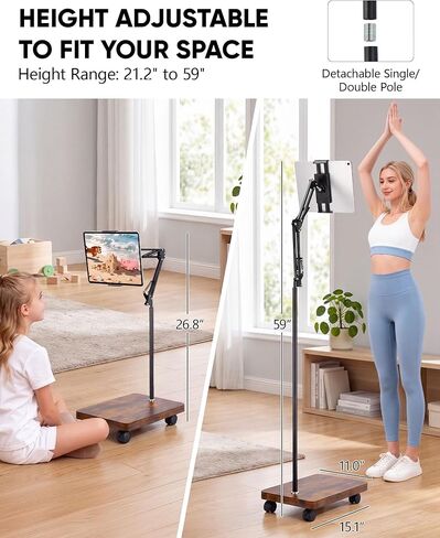 HULISEN Tablet Floor Stand with Wheels, 5lb Wood Base Rolling Tablet Stand, Adjustable Height & Angle with 360° Rotatable Holder for Bed Couch, Compatible with iPad Cell Phone Kindle Tablets 4.7–13" in Kuwait