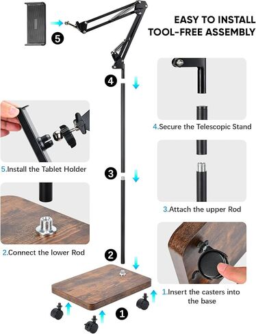 HULISEN Tablet Floor Stand with Wheels, 5lb Wood Base Rolling Tablet Stand, Adjustable Height & Angle with 360° Rotatable Holder for Bed Couch, Compatible with iPad Cell Phone Kindle Tablets 4.7–13" in Kuwait