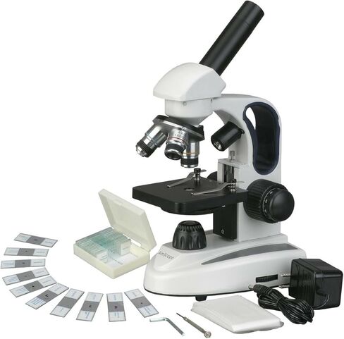 AmScope M158C-2L-PS25 Cordless Compound Monocular Microscope, WF10x and WF25x Eyepieces, 40x-1000x Magnification, Upper and Lower LED Illumination with Rheostat, Brightfield, Single-Lens Condenser, Coaxial Coarse and Fine Focus, Plain Stage, 110V or Batte in Saudi Arabia