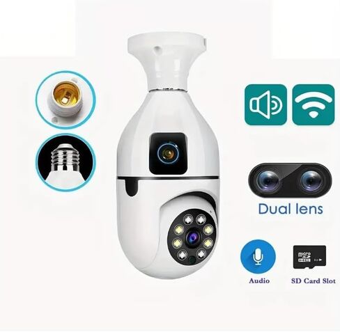 Smart Dual Lens Bulb Surveillance Camera, 360° Rotating 1080P HD Security Camera, Indoor Outdoor Home Safety Monitoring Device in Kuwait