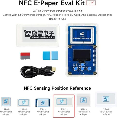 waveshare 2.9inch Passive NFC-Powered e-Paper Evaluation Kit Bundle with 2.9inch NFC-Powered e-Paper ST25R3911B NFC Board Micro Card 16GB Micro Card Reader USB-A to Micro-B Cable (5 Items) in Kuwait