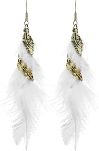 Bohemian Handmade Natural Long Feather Dangle Earrings Vintage Boho Multicolor Tassel Feathers Dangle Drop Earrings for Women Girls Jewelry in Saudi Arabia