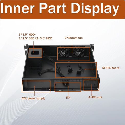 Server Case 2U, Server Chassis with 3X3.5 HDD, Rack Mount PC Case with 2 Fans, 4 x PCI Slot 2U Rack Case, 2U Rack Drawer for Network & Studio in Kuwait