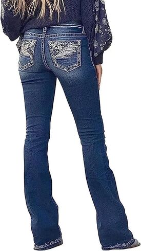 Bootcut Jeans for Women,Stretchy Feather Flower Embroidery Mid Rise Slim Straight Leg Pants Jeans in Saudi Arabia